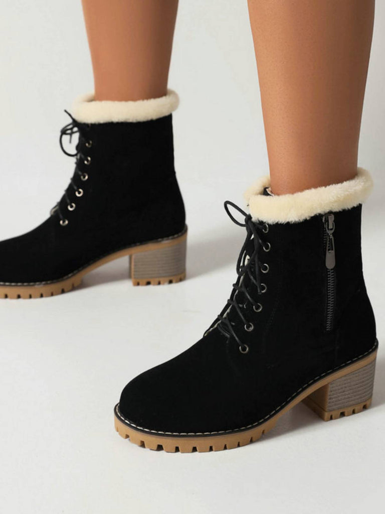 Retro Fleece Solid Color Chunky Heel Boots