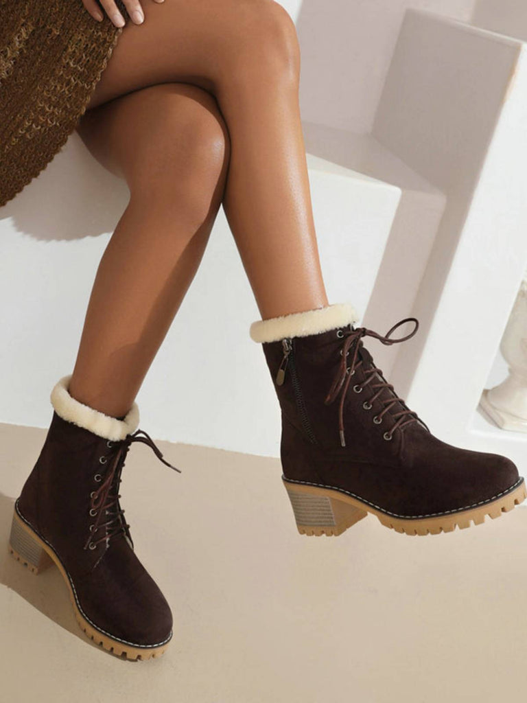 Retro Fleece Solid Color Chunky Heel Boots