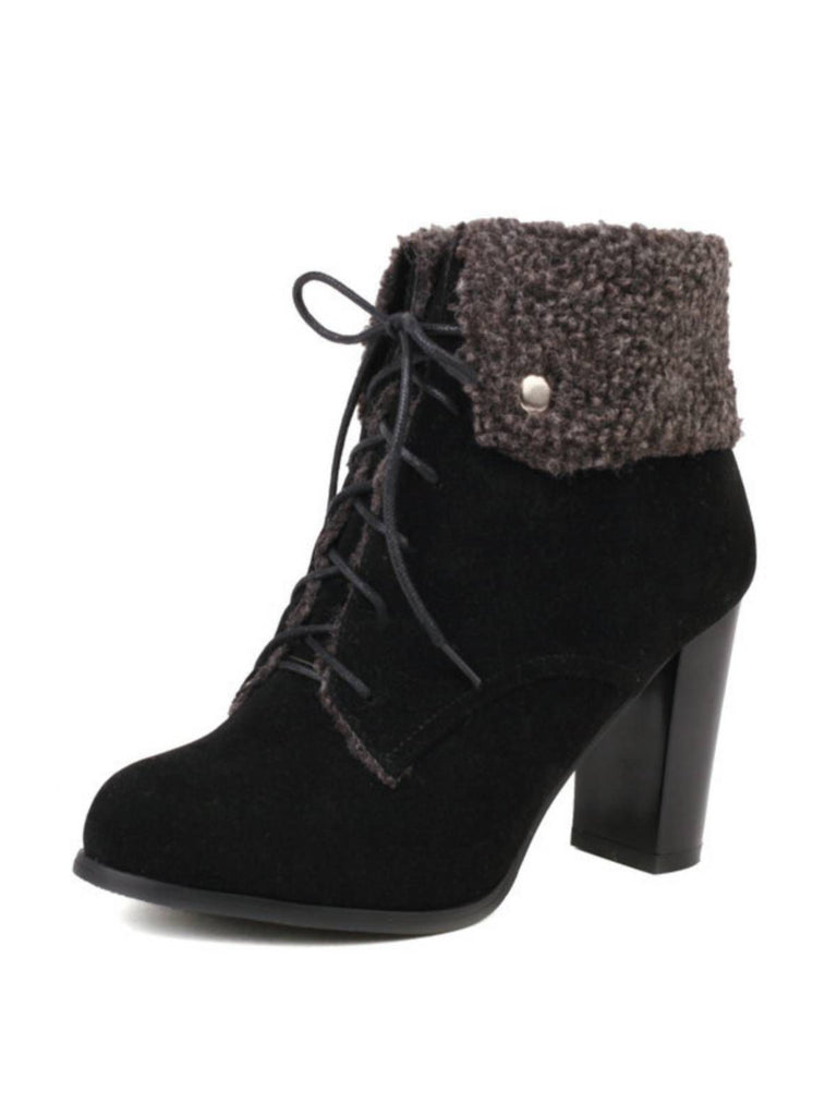 Suede Solid Lace-up Chunky Heel Boots