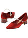 Red Velvet Satin Pearl Chunky Heel Shoes