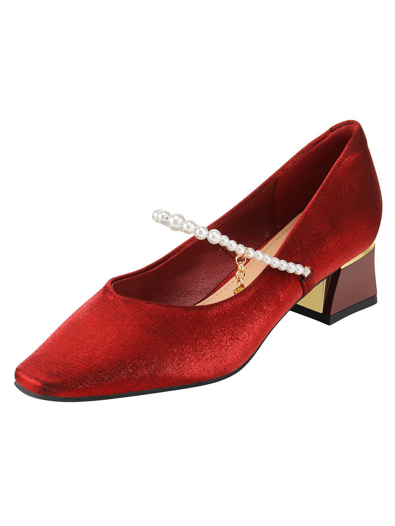 Red Velvet Satin Pearl Chunky Heel Shoes