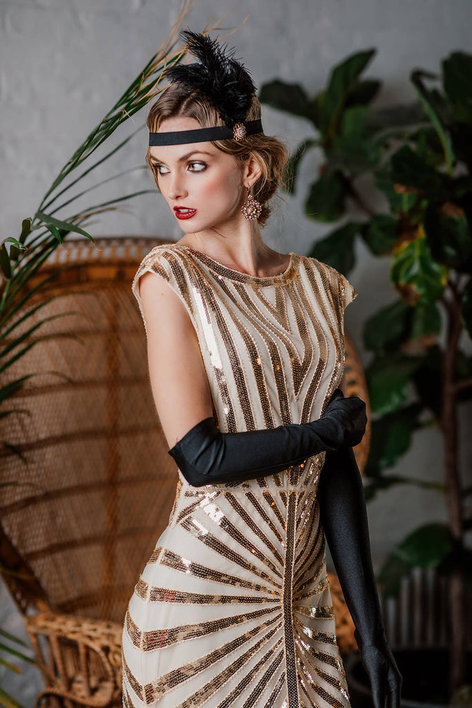 [US Warehouse] Apricot 1920s Sequin Art Deco Maxi Dress