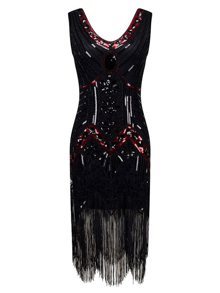 Black 1920s Beaded Fringed Flapper Dresses