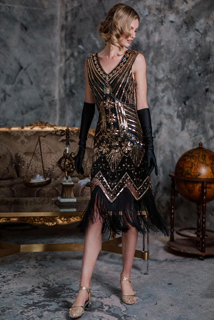 [US Warehouse] Gold 1920s Beaded Fringed Flapper Dresses