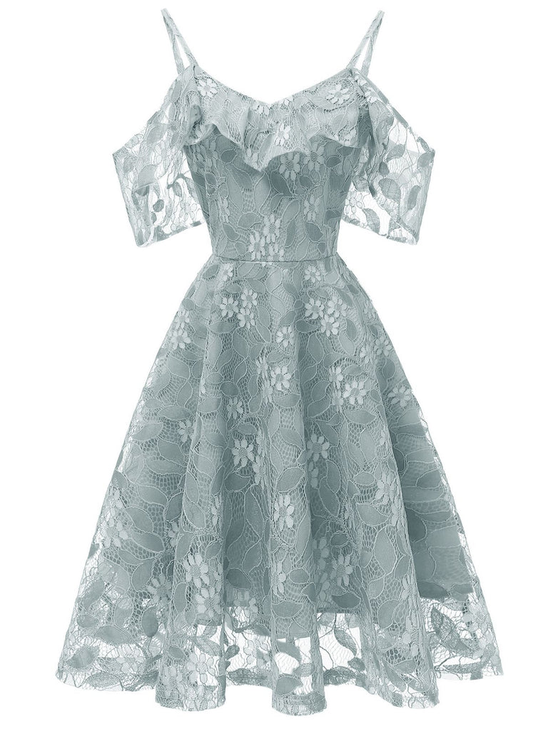 1950s Lace Cold Shoulder Ruffle Dress