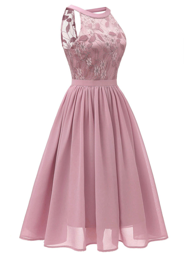 Pink 1950s Floral Lace Swing Dress