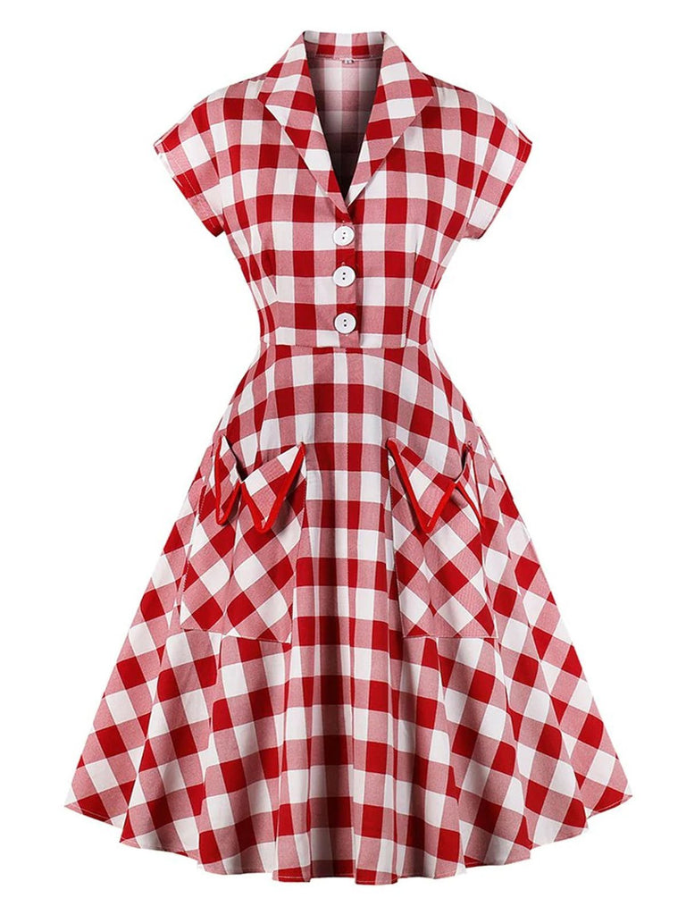 Red White 1950s Pockets Plaid Dress