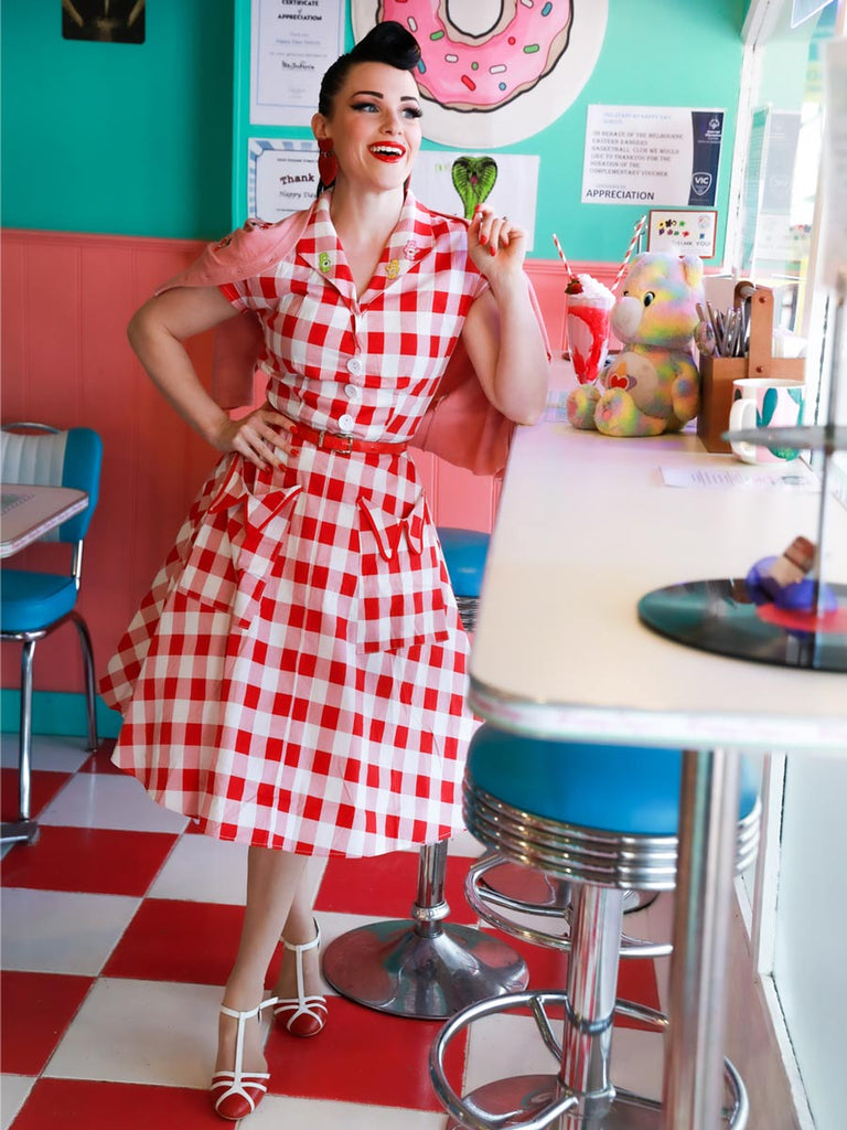 Red 1950s Pockets Plaid Dress