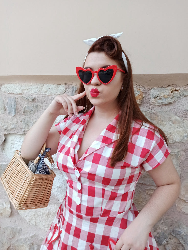 Red White 1950s Pockets Plaid Dress