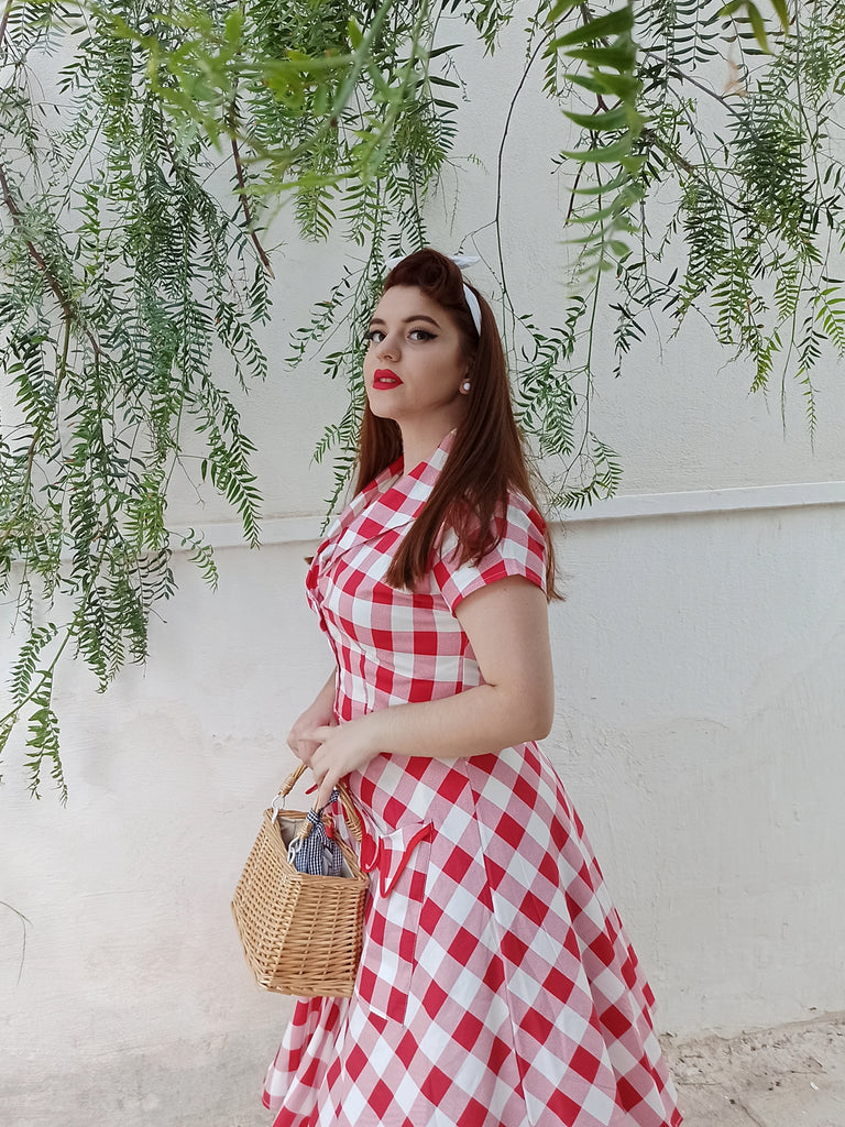 Red White 1950s Pockets Plaid Dress