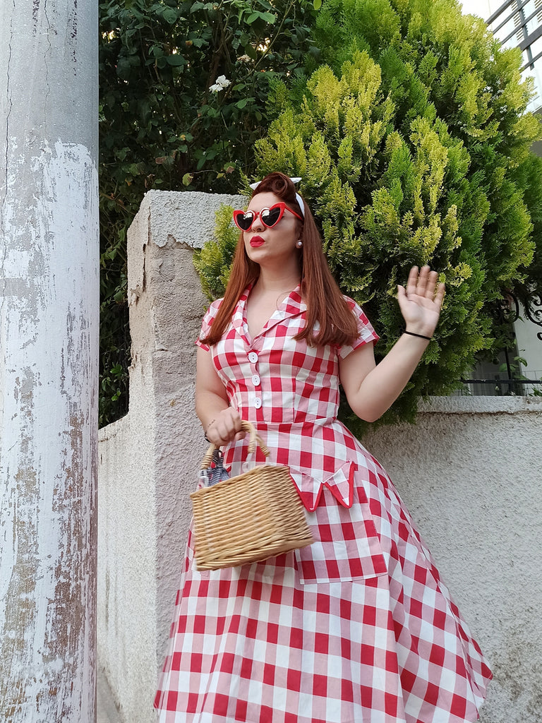 Red White 1950s Pockets Plaid Dress