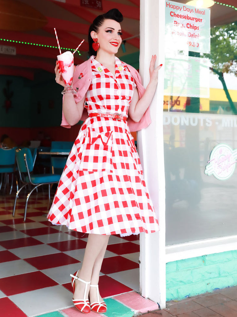 Red 1950s Pockets Plaid Dress