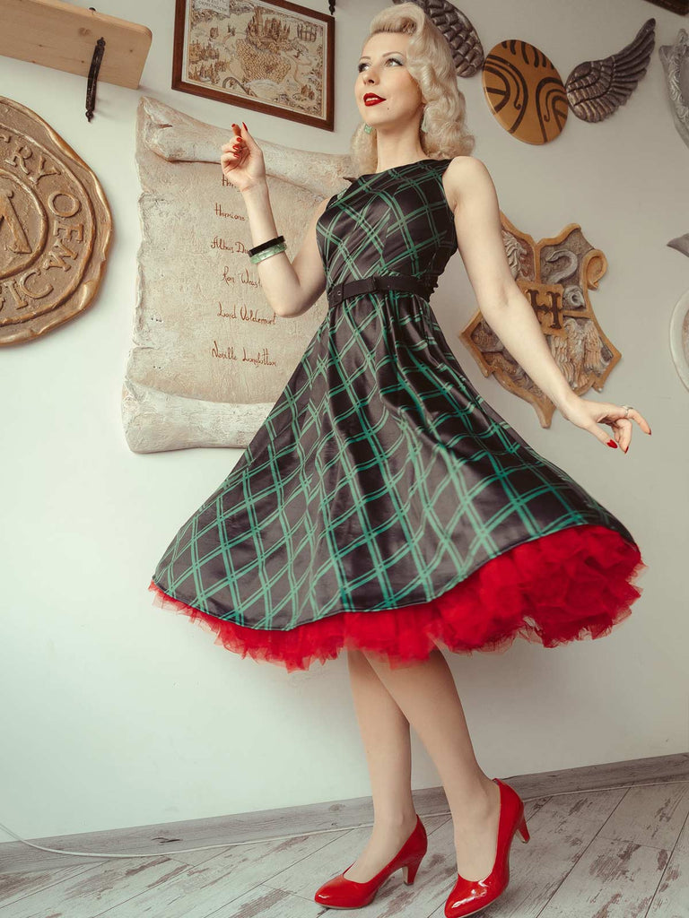 Green 1950s Plaid Belted Swing Dress