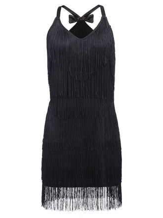 [US Warehouse] Black 1920s Back Bow Tassel Flapper Dress
