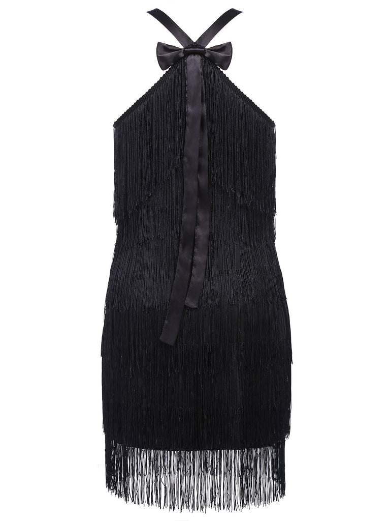 Black 1920s Back Bow Tassel Flapper Dress