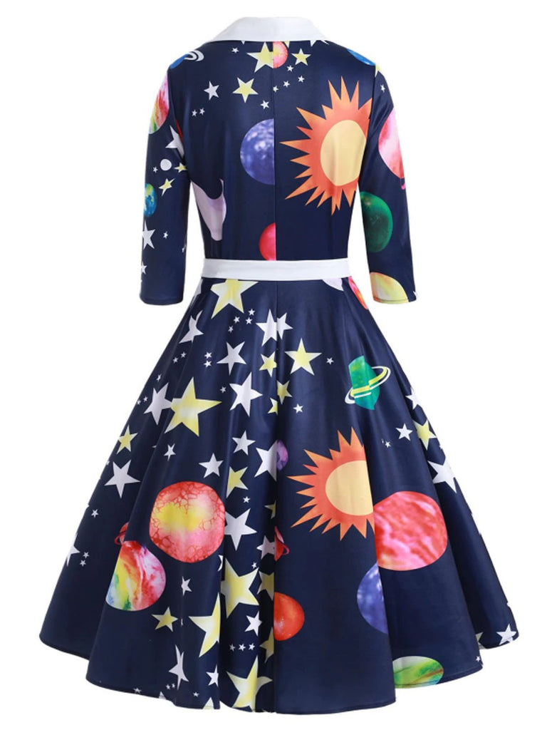 Dark Blue 1950s Moon Star Swing Dress