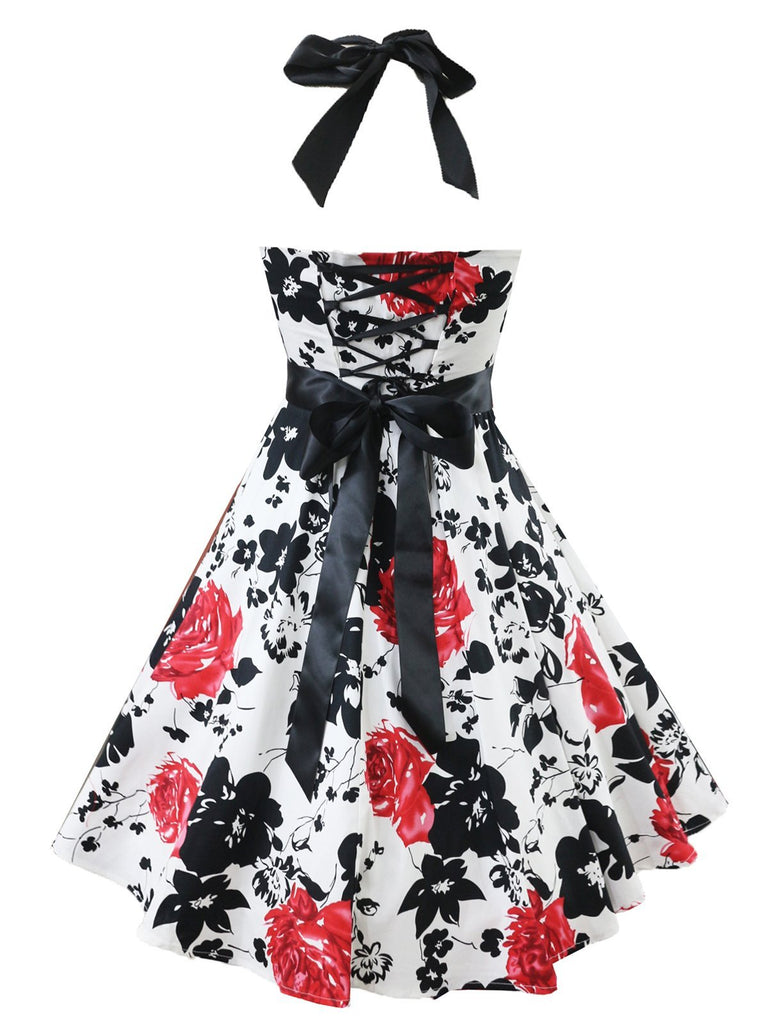 White 1950s Floral Halter Swing Dress