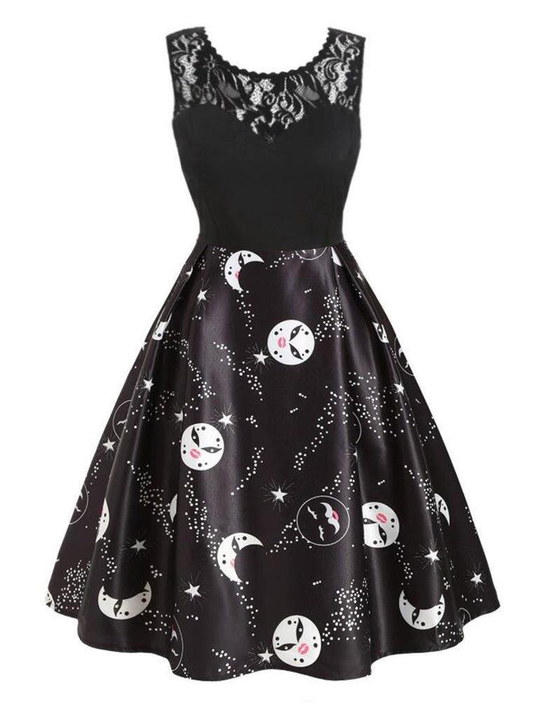 Black 1950s Moon Stars Swing Dress