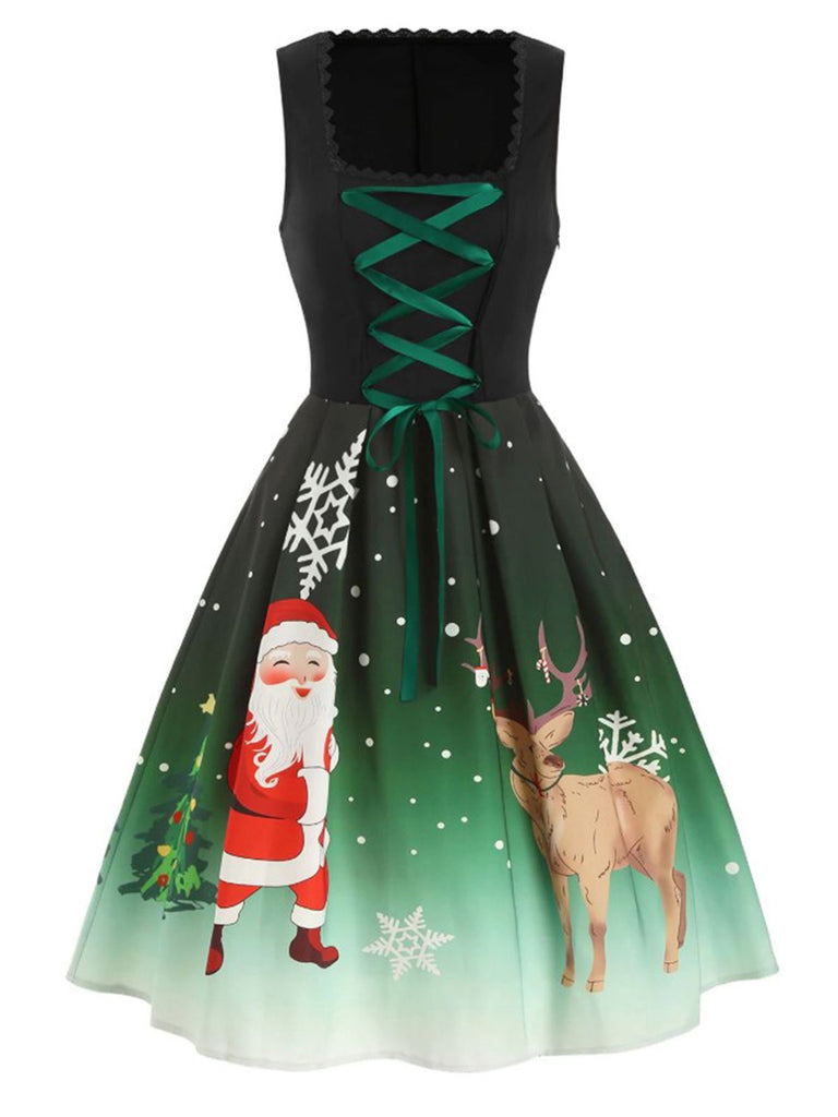 Dark Green 1950s Lace Up Christmas Dress