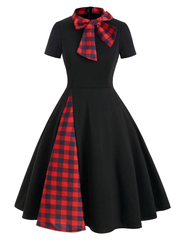 1950s Plaid Patchwork Bow Swing Dress