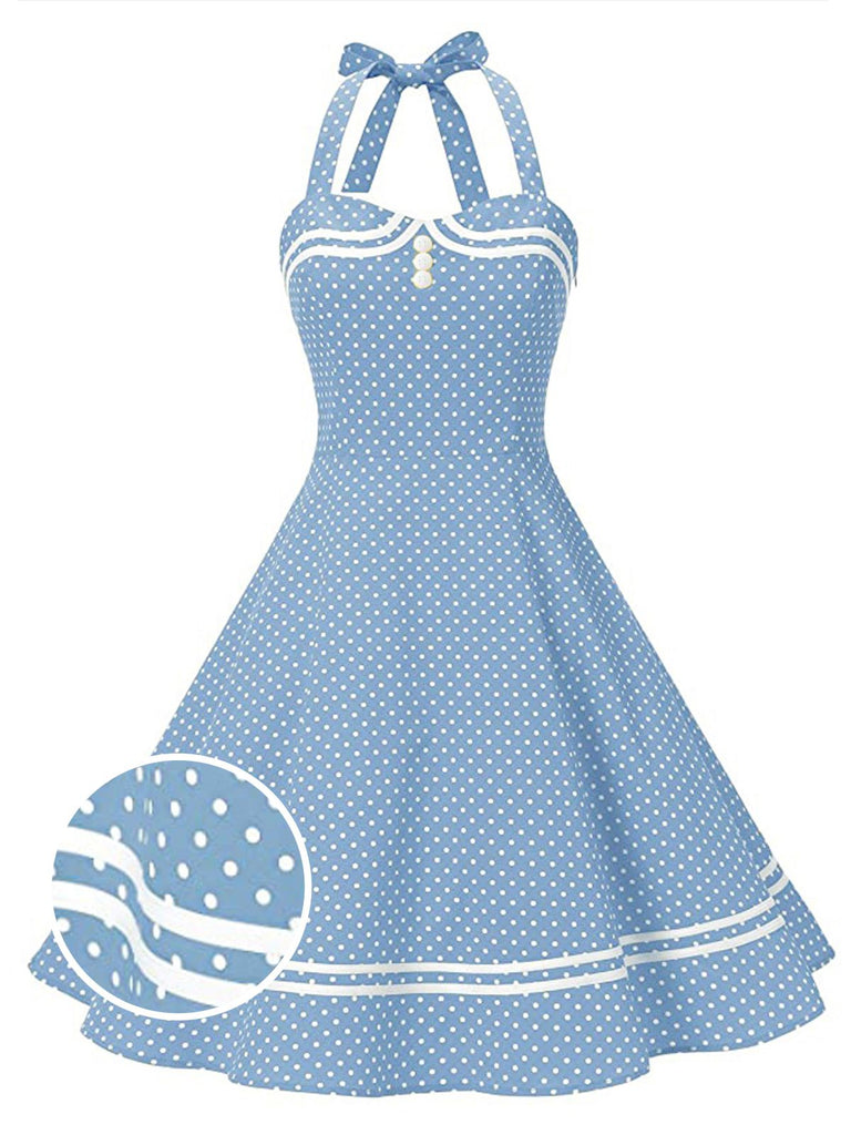 Blue 1950s Polka Dot Halter Swing Dress