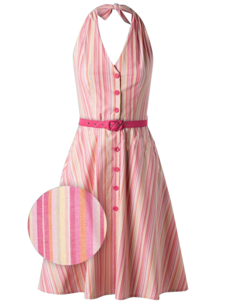 Pink 1950s Stripes Belt Swing Dress