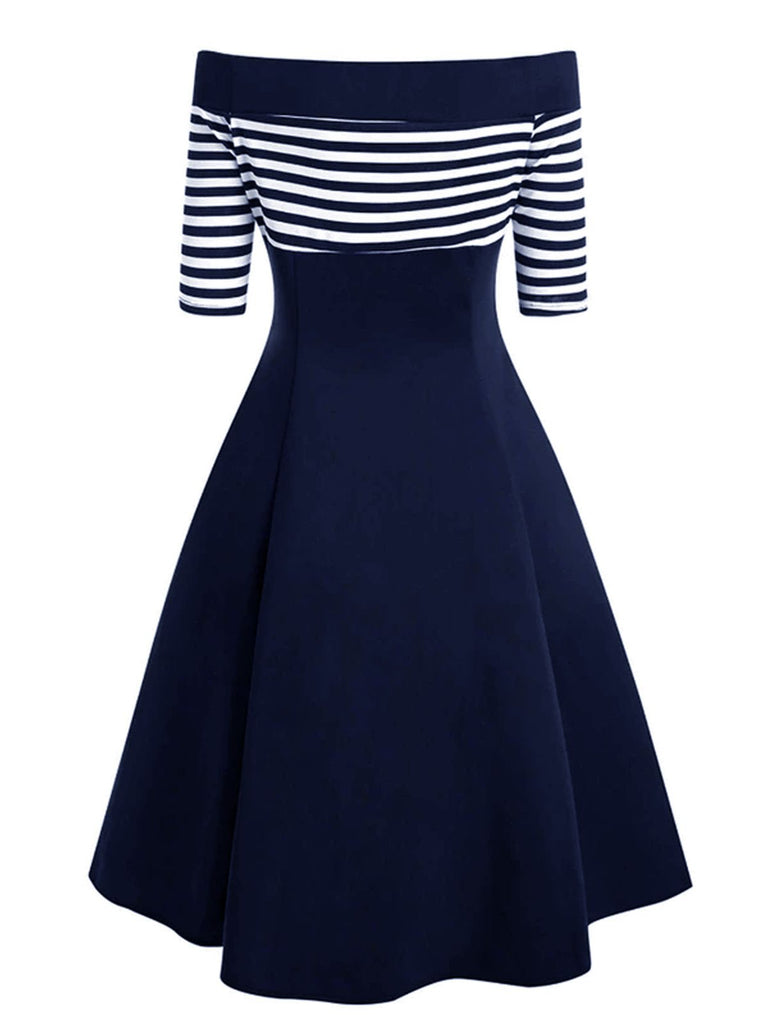 Navy 1950s Off Shoulder Swing Dress