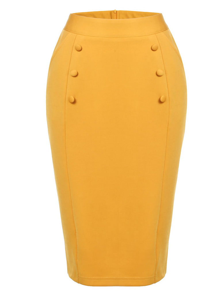 [US Warehouse] Yellow 1960s Solid Button Pencil Skirt