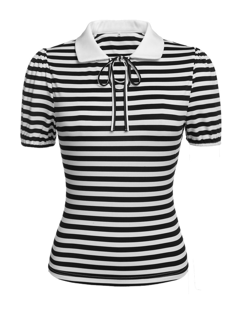 1950s Stripe Lapel Bow Knit Top