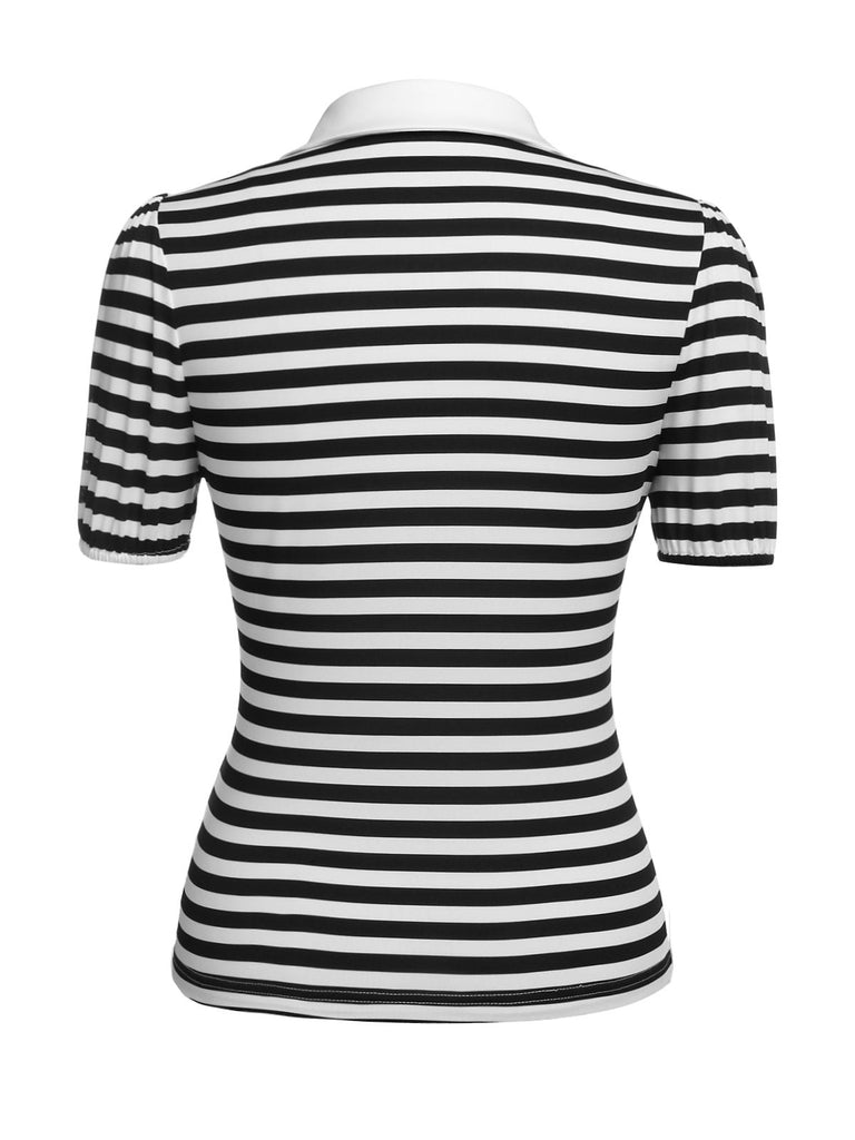 1950s Stripe Lapel Bow Knit Top