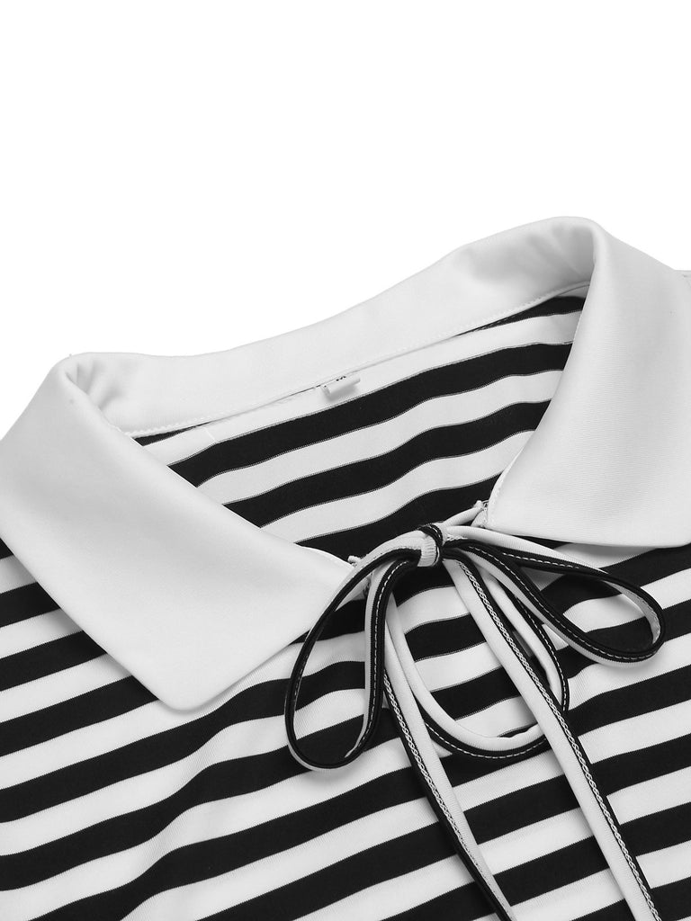 1950s Stripe Lapel Bow Knit Top