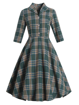 Green 1950s Plaid Button Swing Dress