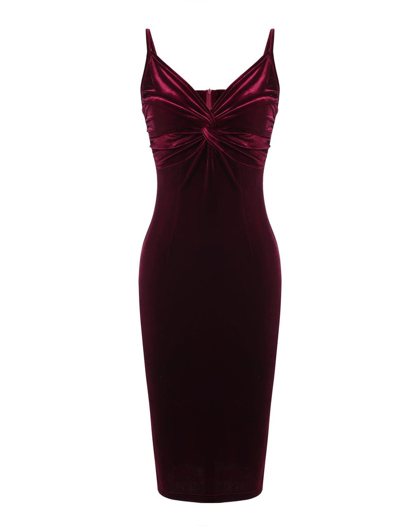 2PCS Wine Red 1960s Velvet Bodycon Dress