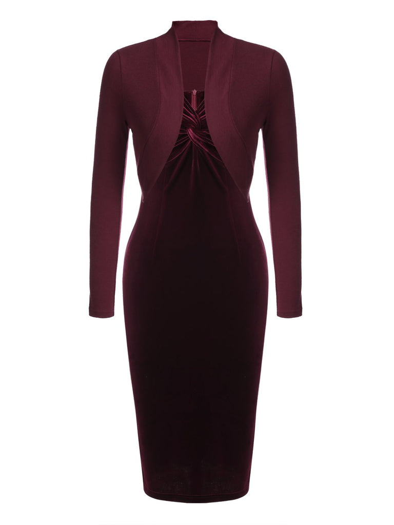 2PCS Wine Red 1960s Velvet Bodycon Dress