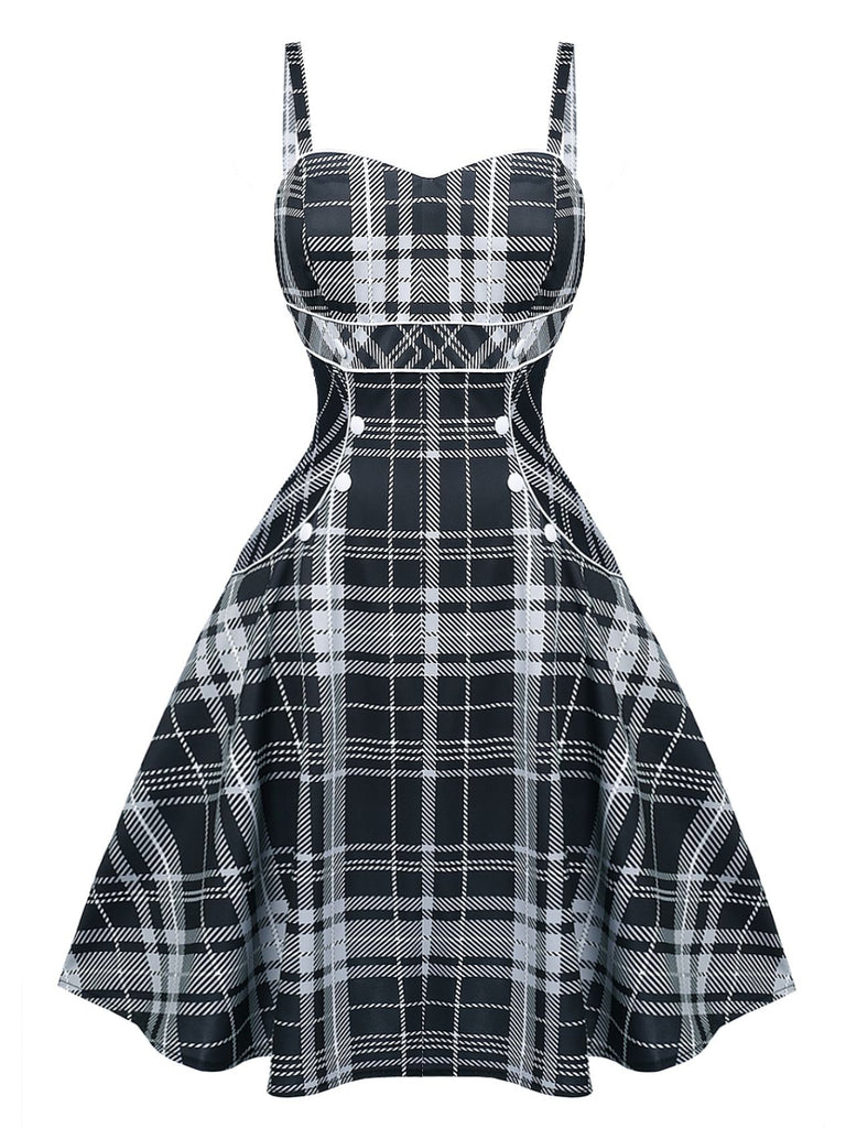 1950s Plaid Button Strap Swing Dress