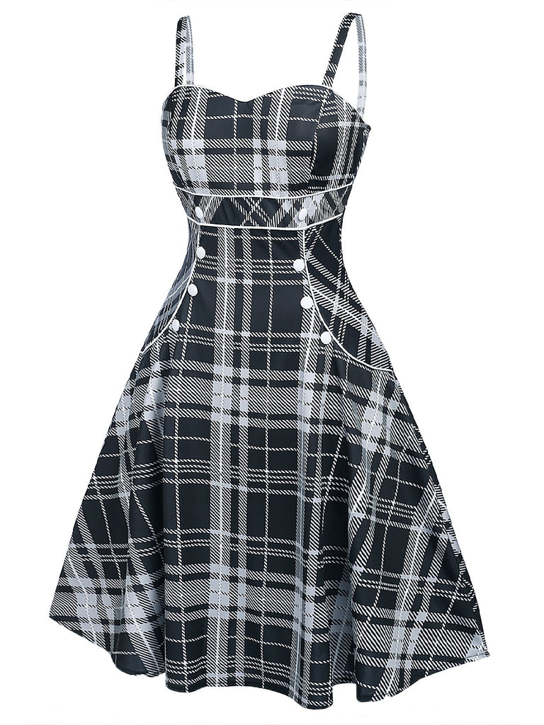 1950s Plaid Button Strap Swing Dress