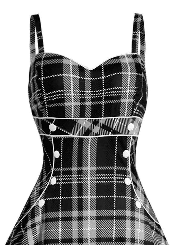 1950s Plaid Button Strap Swing Dress