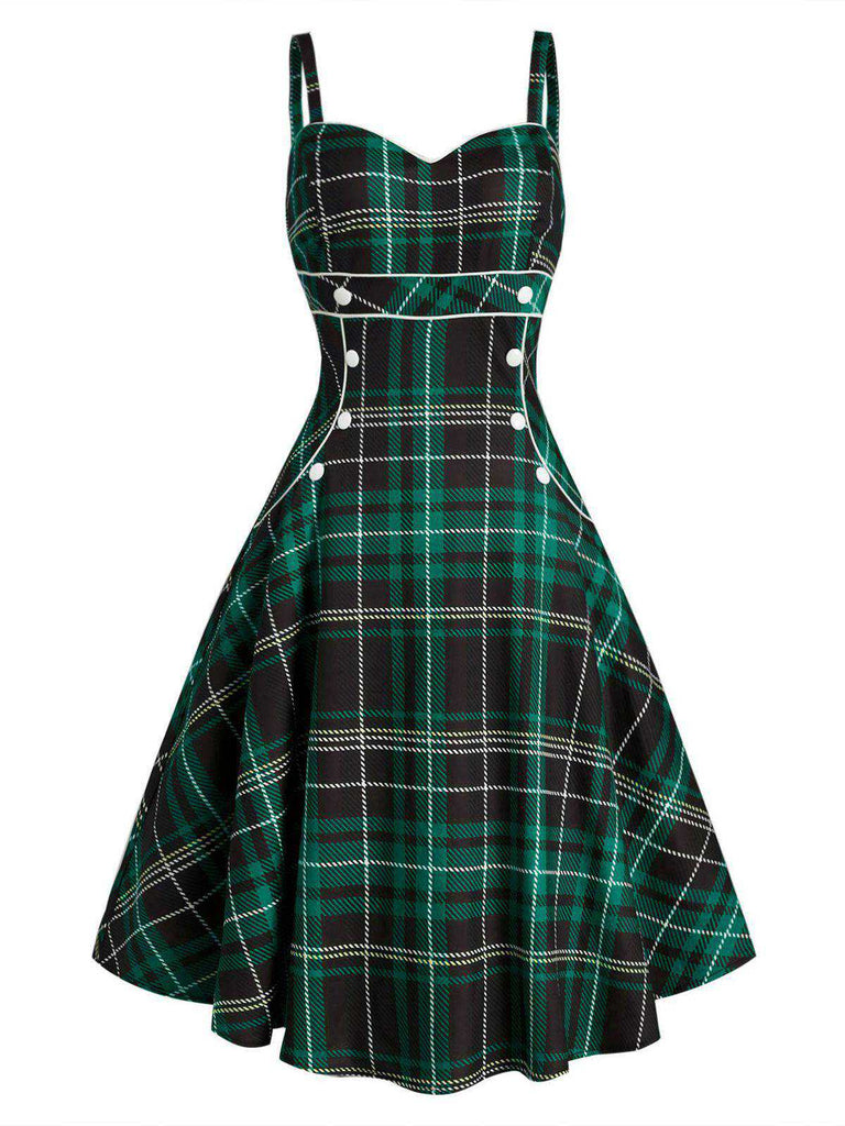 1950s Plaid Button Strap Swing Dress