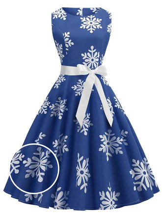 Blue 1950s Snowflake Bow Swing Dress