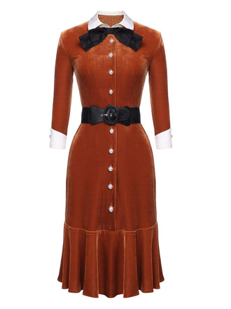 Orange 1930s Belted Velvet Work Dress