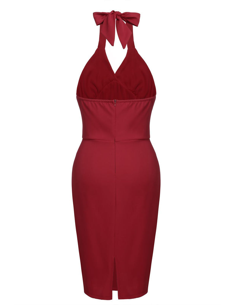 Red 1960s Solid Halter Bodycon Dress