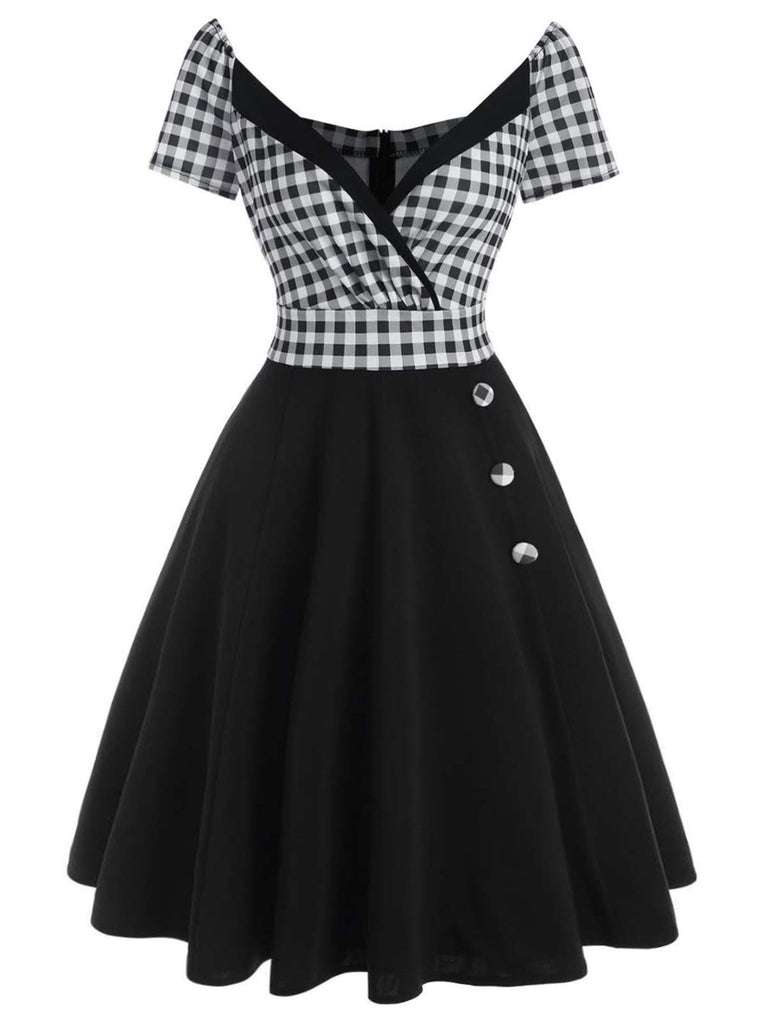 Black 1950s Plaids Button Swing Dress