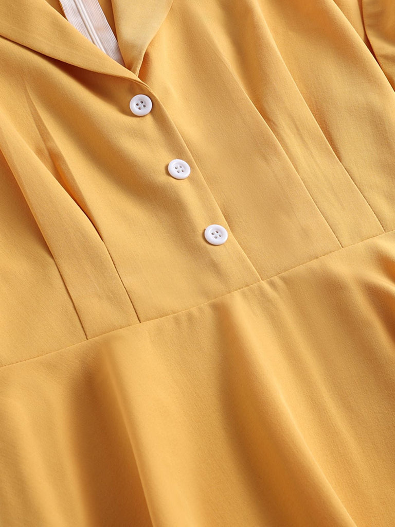 Yellow 1950s Solid Buttoned Swing Dress