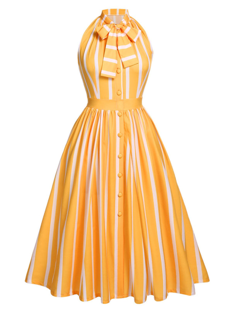 [US Warehouse] Orange 1950s Stripes Bow Swing Dress