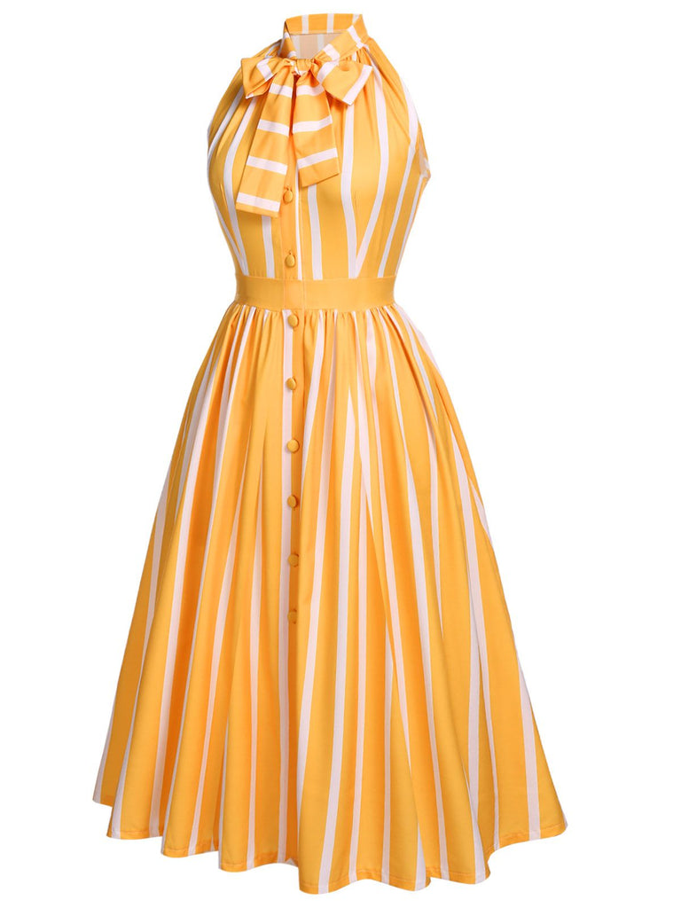 [US Warehouse] Orange 1950s Stripes Bow Swing Dress