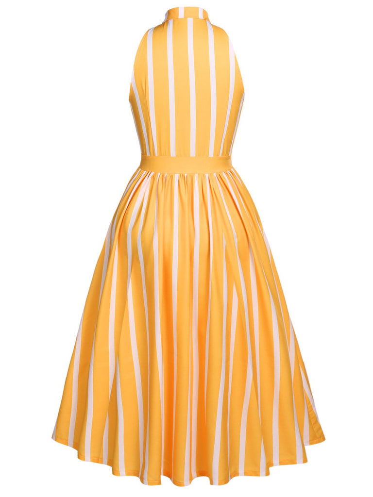 [US Warehouse] Orange 1950s Stripes Bow Swing Dress