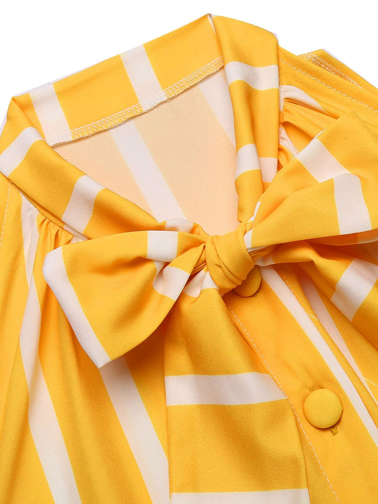[US Warehouse] Orange 1950s Stripes Bow Swing Dress