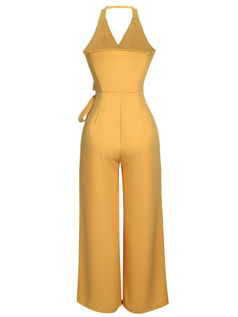 Yellow 1950s Halter Lace-Up Jumpsuit