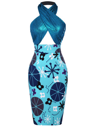 Blue 1960s Halter Abstract Floral Bodycon Dress
