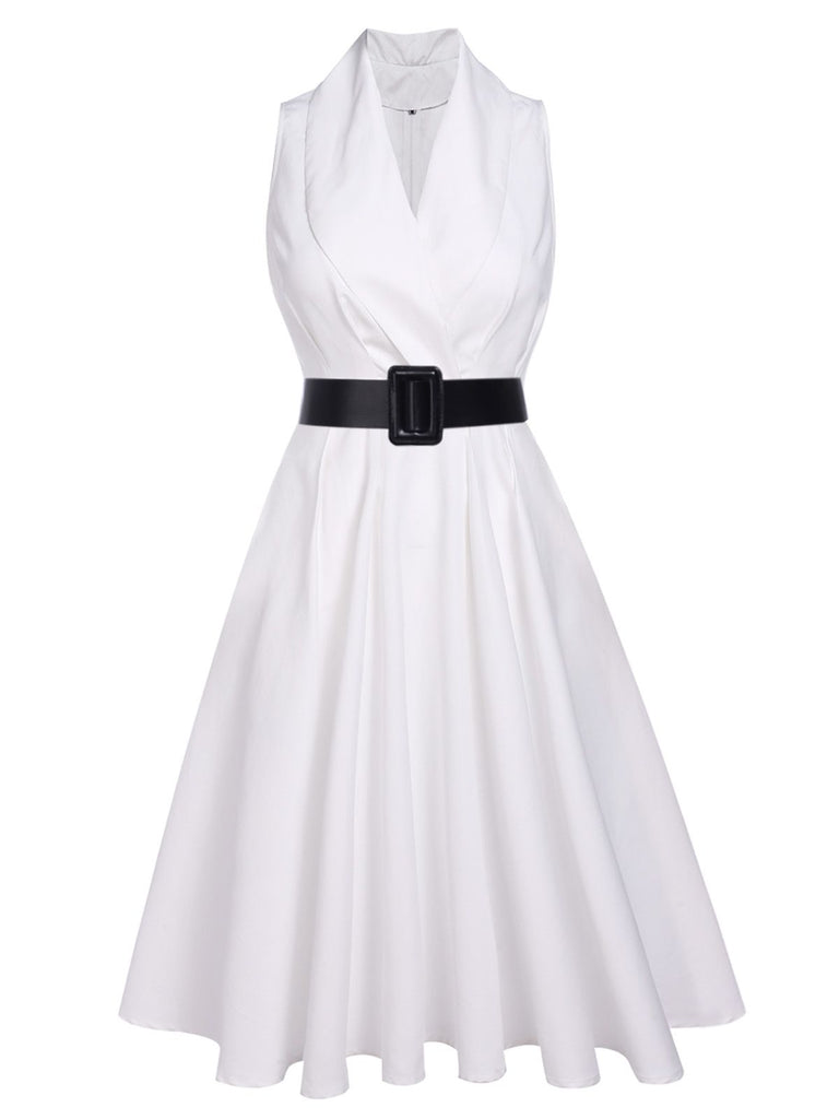 White 1950s Halter Belted Swing Dress